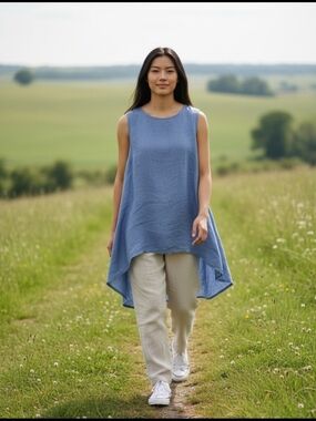 Chalet Womens Stylish Chic Sleeveless Blue High-Low Linen Tunic Size Small EUC